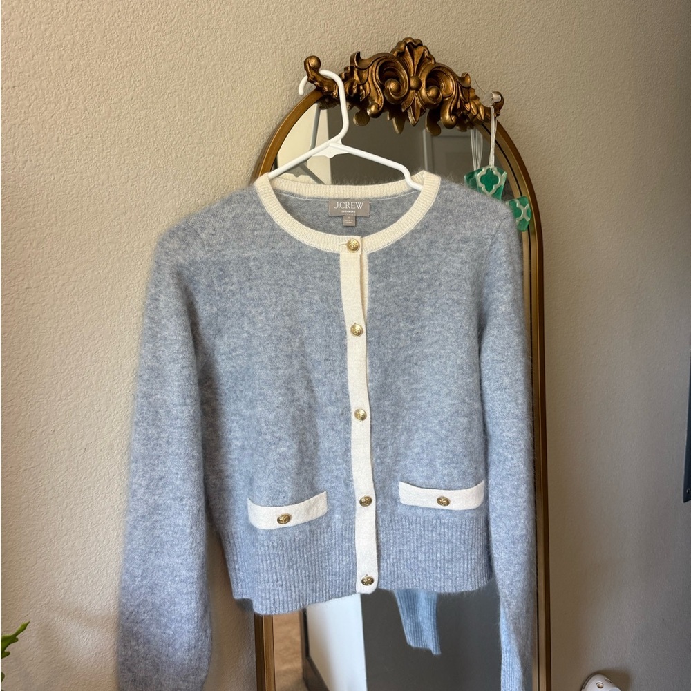 J. Crew Women's Light Blue Cardigan with Cream Trim